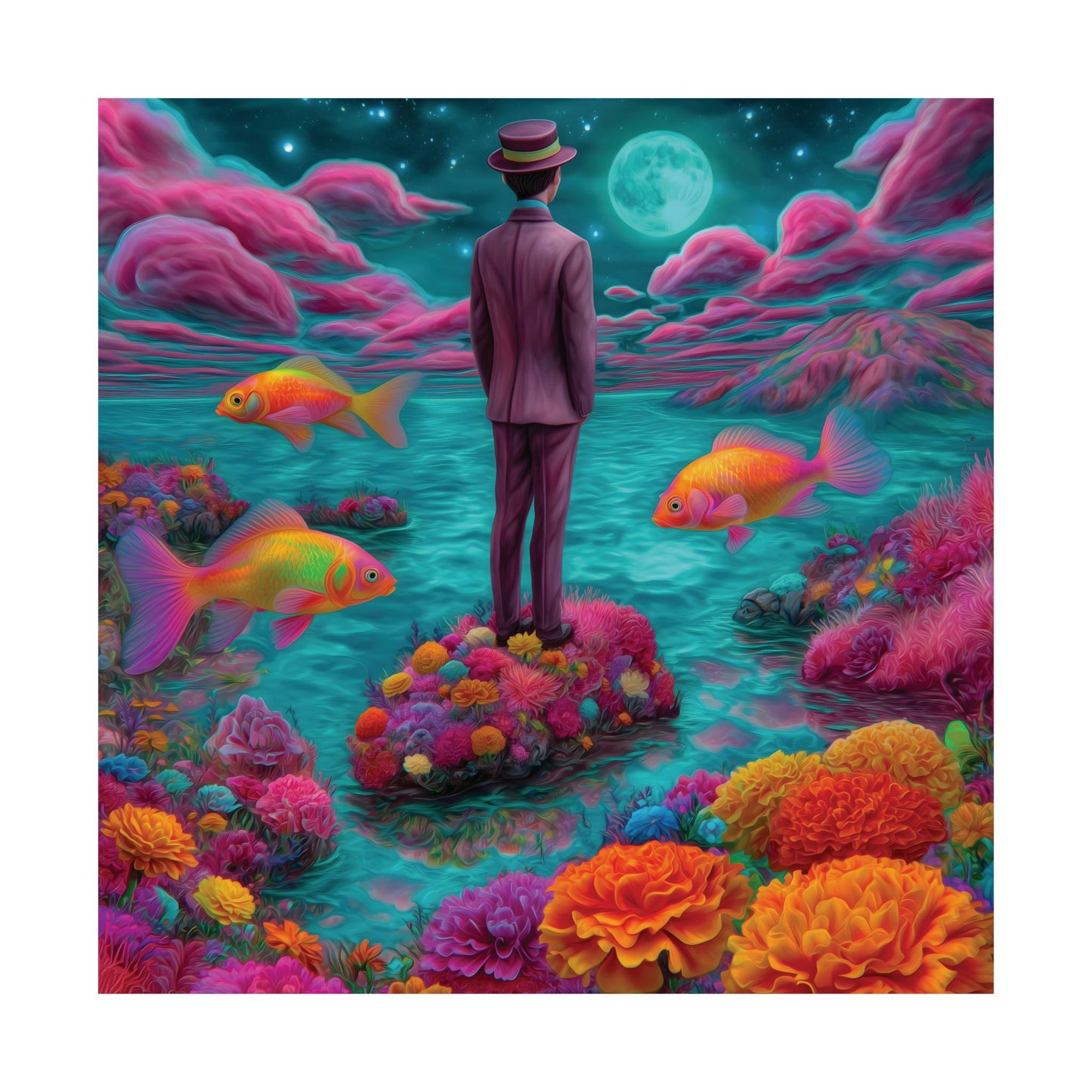 Dreamworld Poster – Floating Goldfish, Surreal Floral Scene