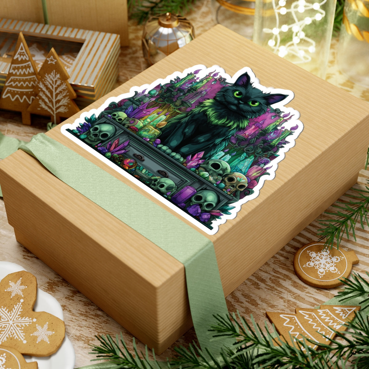 Mystical Familiar Sticker – Witch’s Cat on Altar, Gothic Magic Vinyl Decal