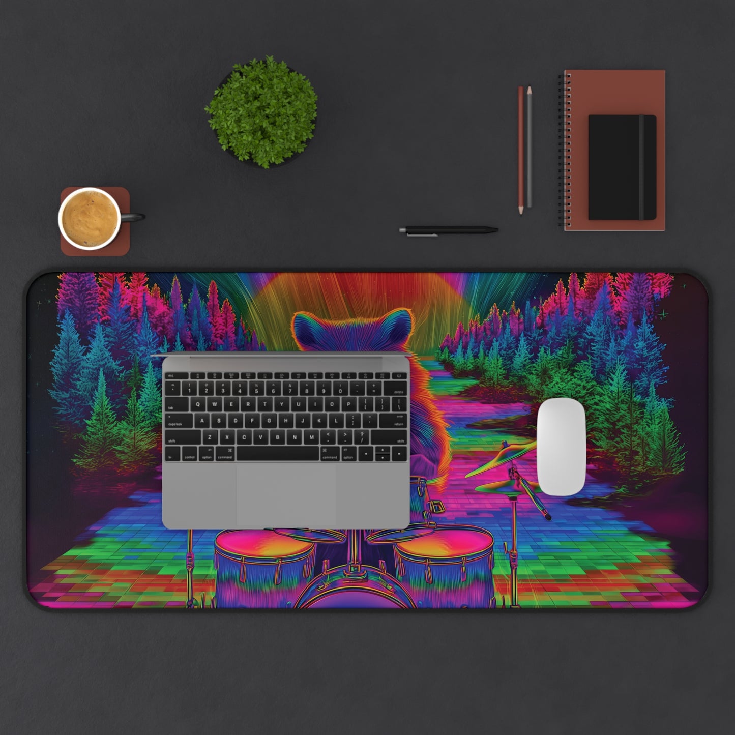 Psychedelic Raccoon Drummer Desk Mat – Trippy Gaming & Office Art Pad, Vibrant Cosmic Vibes