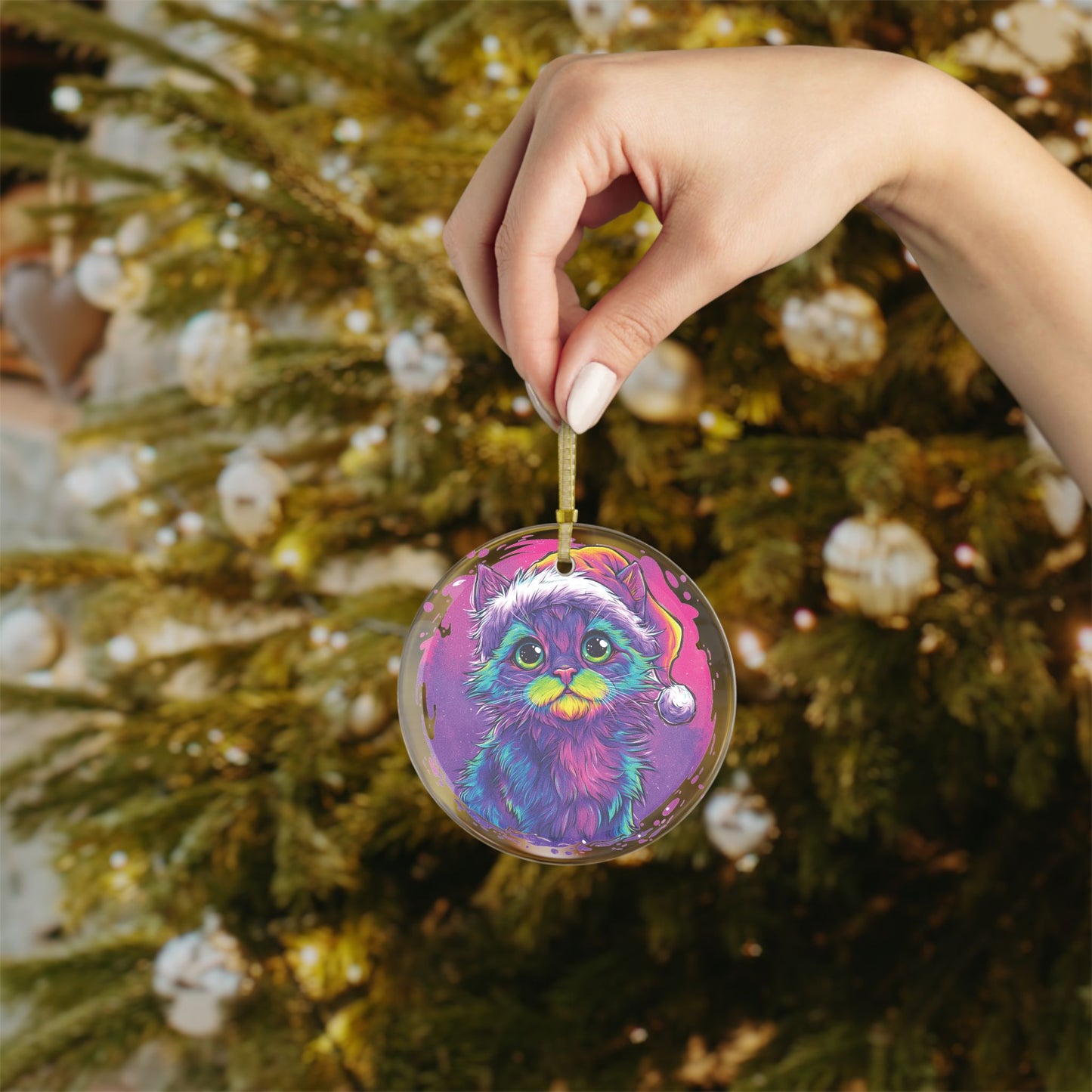 Glass Christmas Ornament – Vivid Kitten in Santa Hat, Cute Holiday Cat Decoration