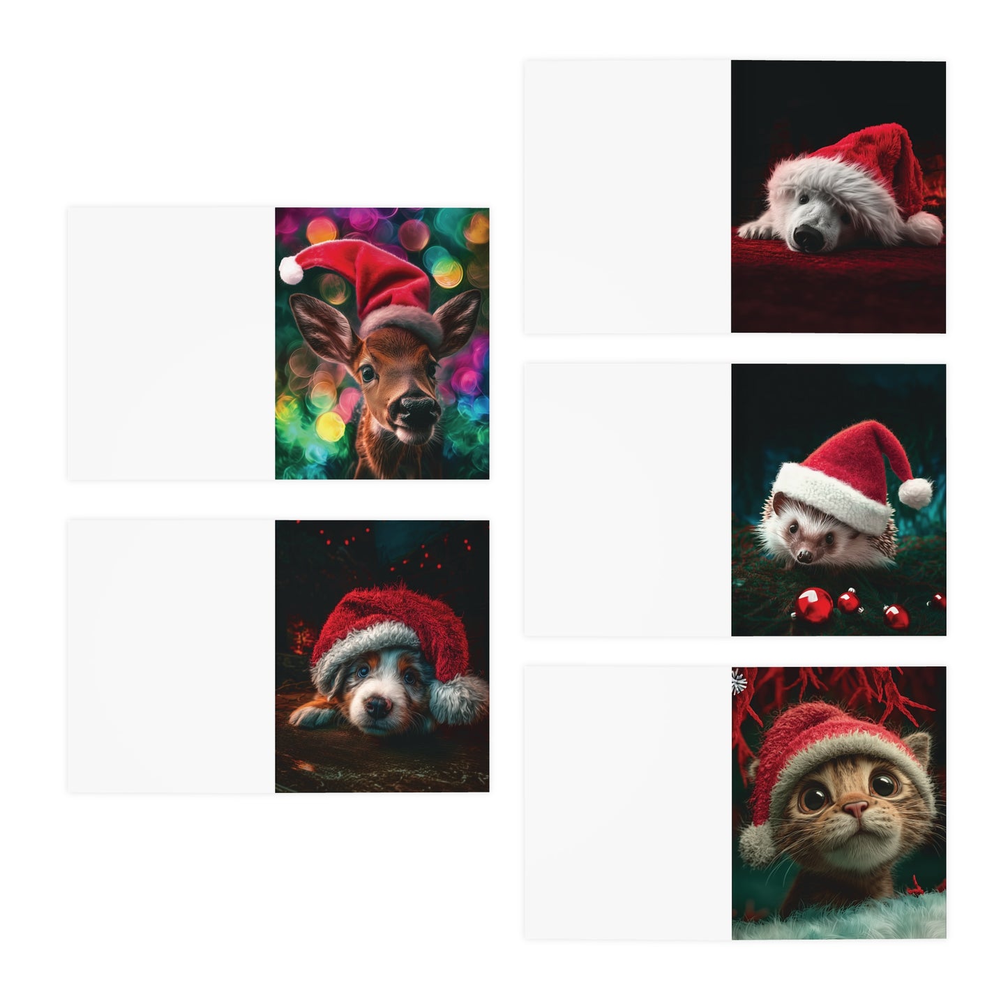 Adorable Animal Christmas Card Set – Puppy, Kitten, Fawn, Polar Bear & Hedgehog in Santa Hats