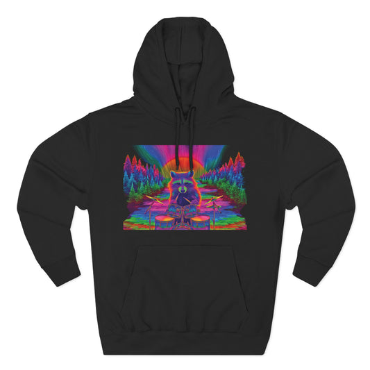 Psychedelic Raccoon Drummer Hoodie – Trippy Unisex Music Lover Sweatshirt, Vibrant Festival Art