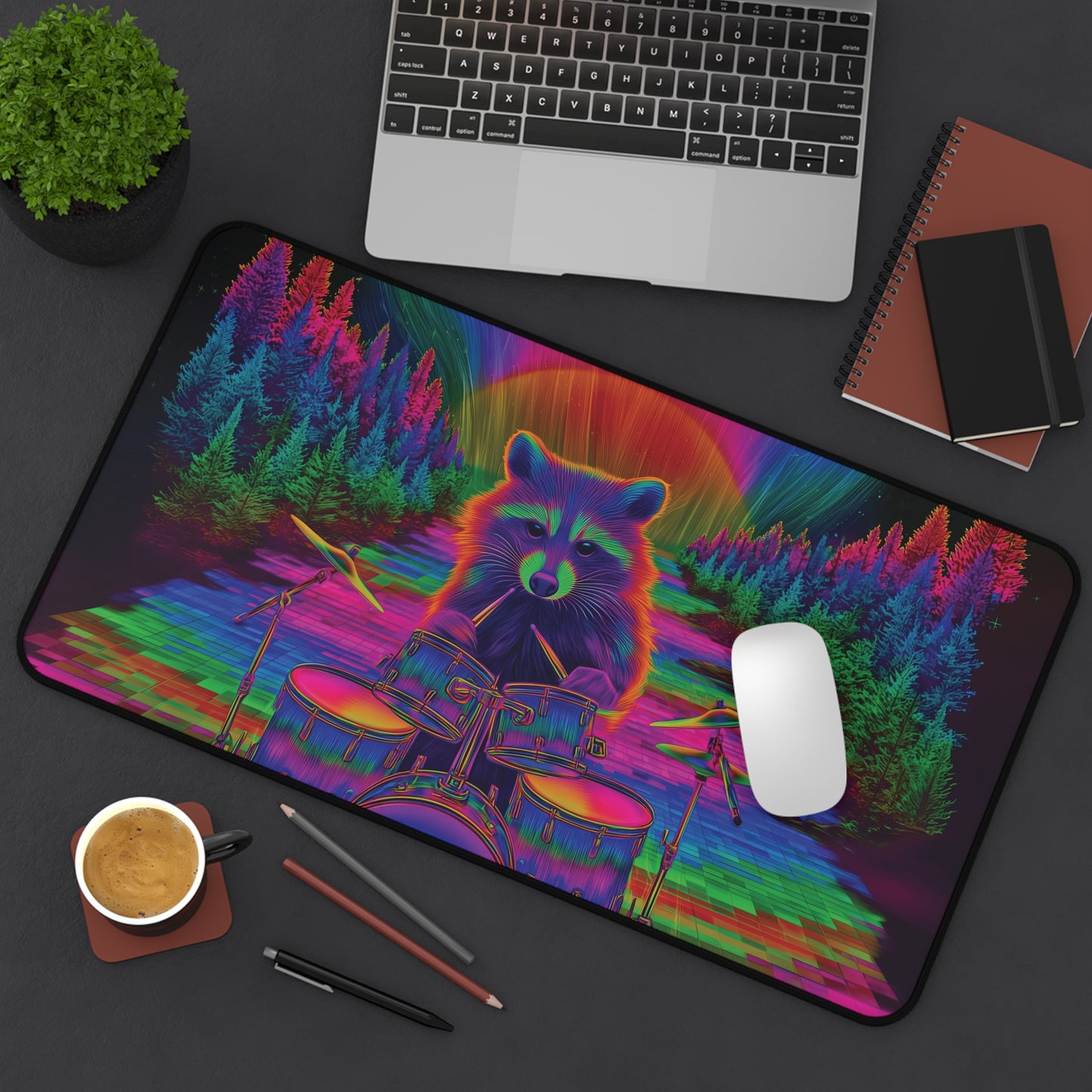 Psychedelic Raccoon Drummer Desk Mat – Trippy Gaming & Office Art Pad, Vibrant Cosmic Vibes
