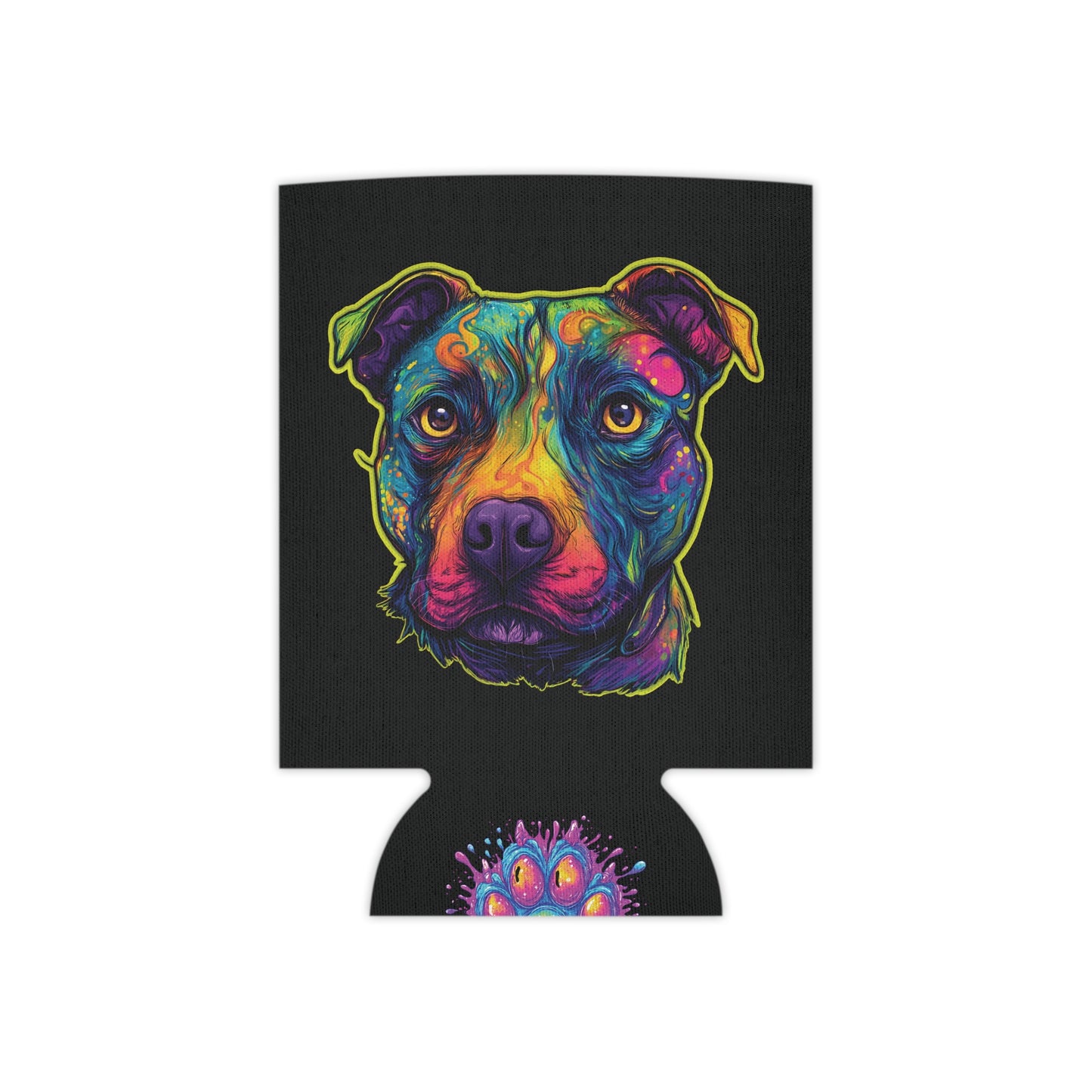 Trippy Pitbull Can Cooler | Psychedelic Dog Art & Neon Paw | SoulstainArt Pet Lover Drink Sleeve