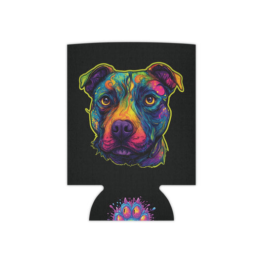 Trippy Pitbull Can Cooler | Psychedelic Dog Art & Neon Paw | SoulstainArt Pet Lover Drink Sleeve