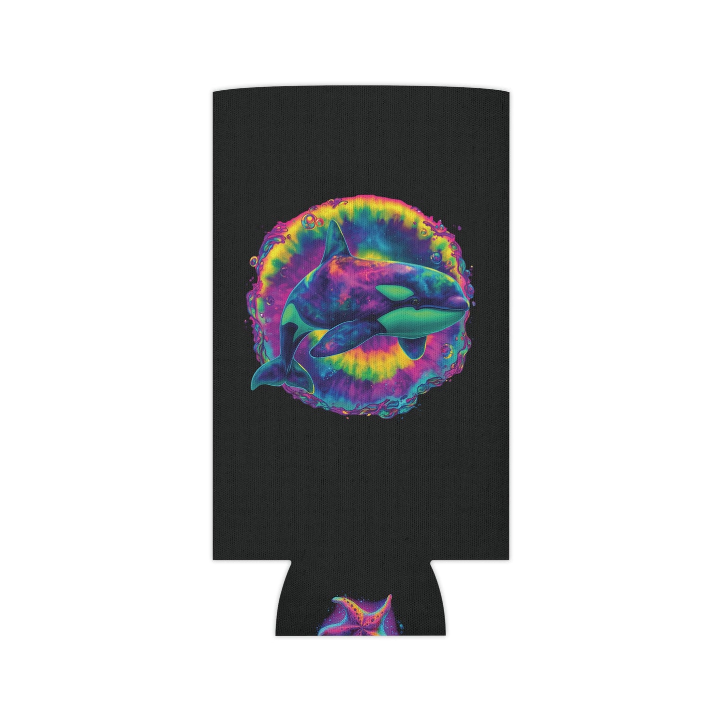 Psychedelic Orca Can Cooler | Trippy Whale & Neon Starfish | SoulstainArt Oceancore Drink Holder