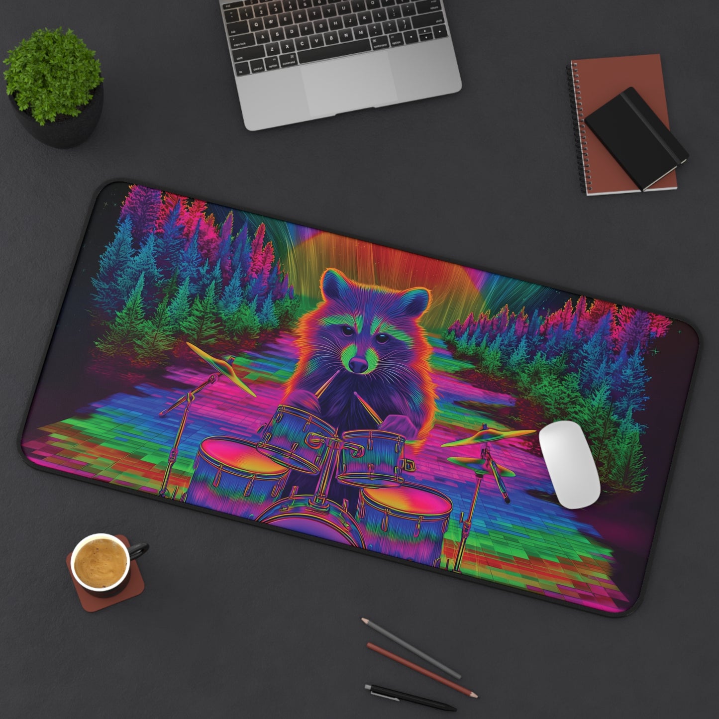 Psychedelic Raccoon Drummer Desk Mat – Trippy Gaming & Office Art Pad, Vibrant Cosmic Vibes