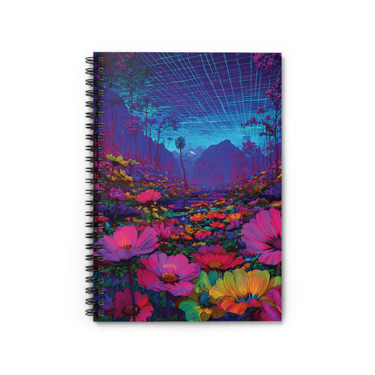 Vaporwave Meadow Spiral Notebook – Vibrant Flowers, Mountain Landscape with Surreal Grid Aesthetic