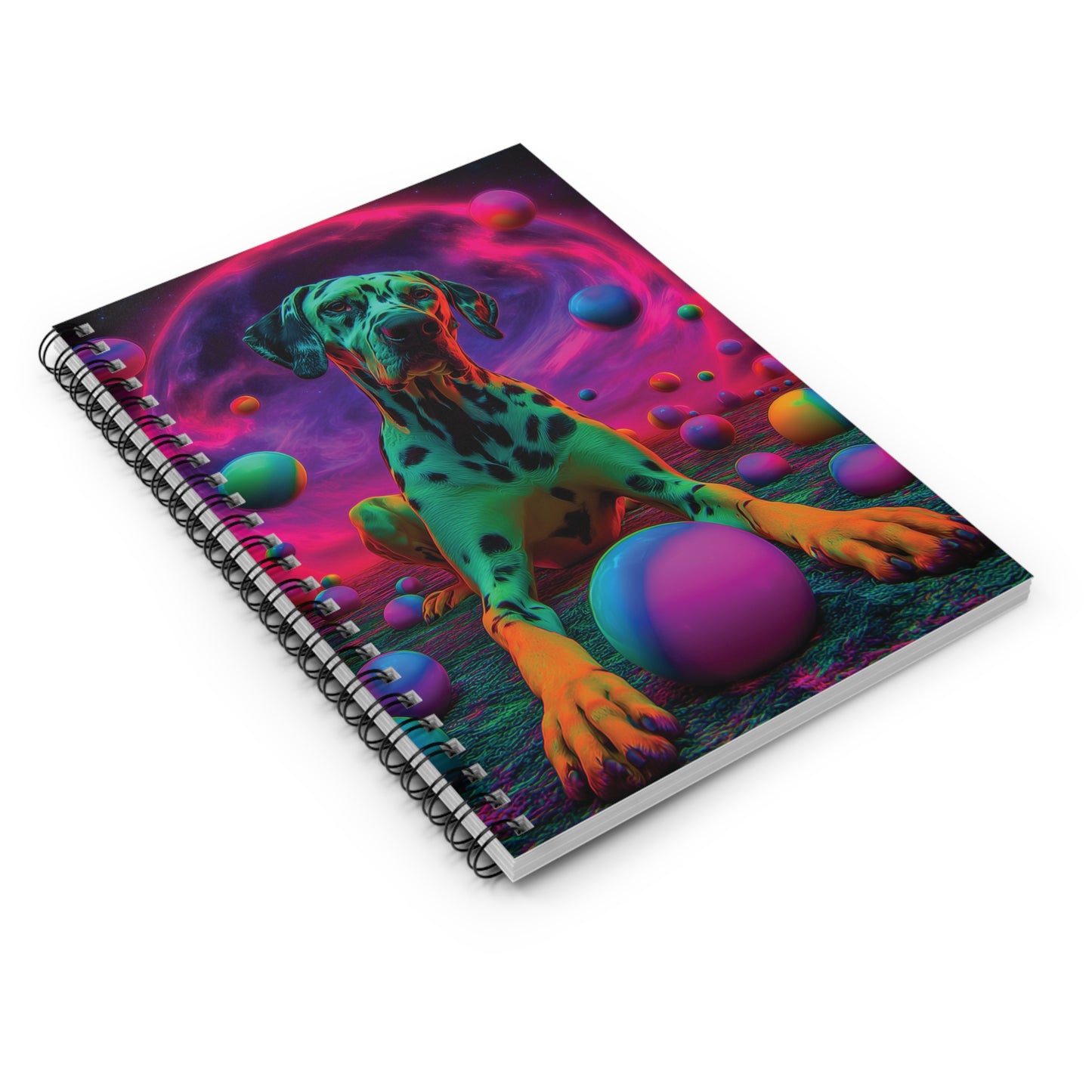 Trippy Dalmatian Notebook – Bright Cosmic Colors, Vibrant Dog Spiral Journal with Psychedelic Vibes