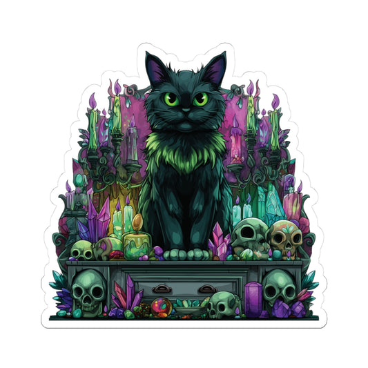 Mystical Familiar Sticker – Witch’s Cat on Altar, Gothic Magic Vinyl Decal